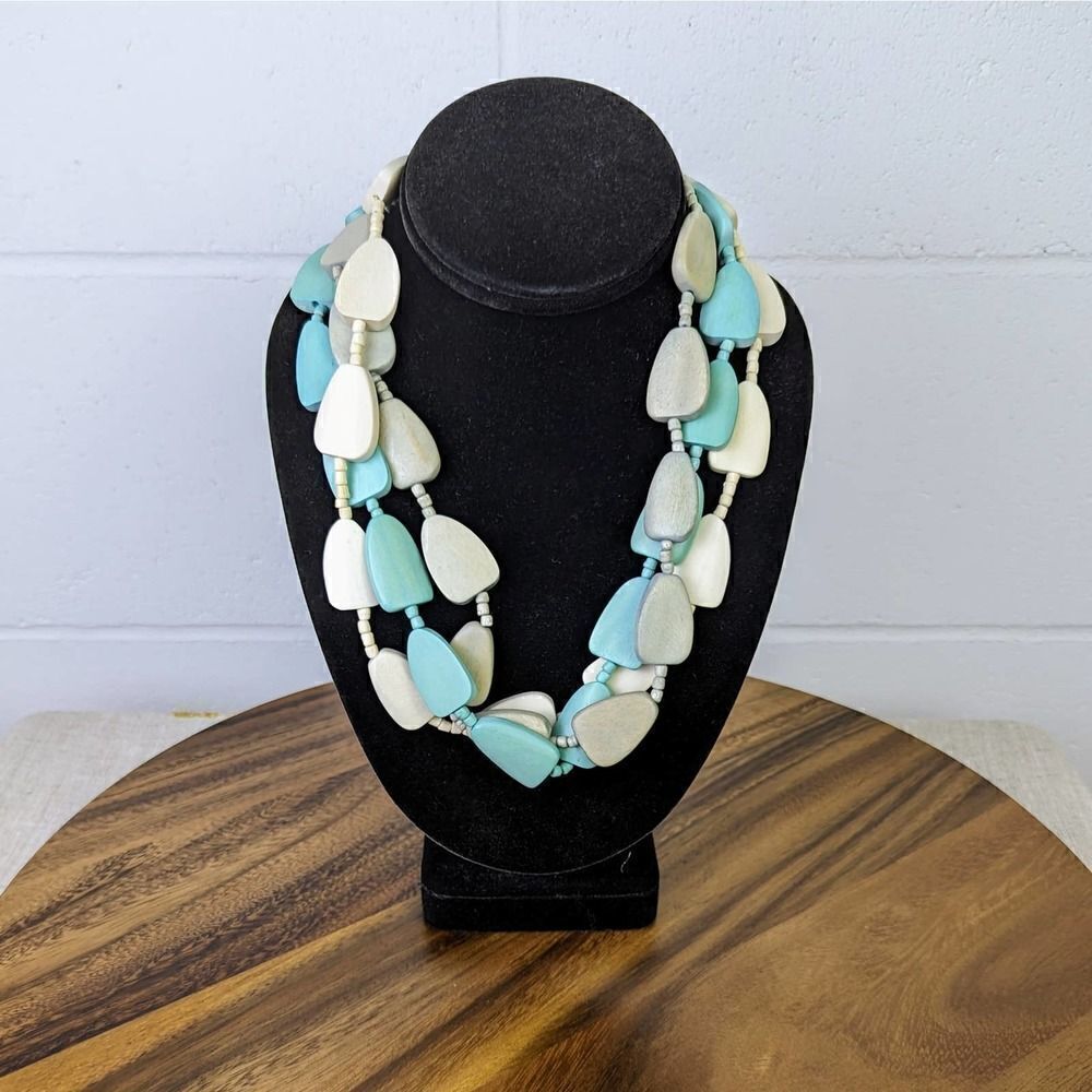 Multistrand Statement Necklace Aqua White Gray Wooden Beads